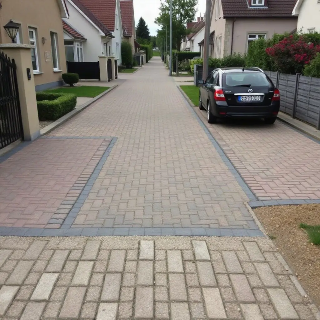 Autóbejáró burkolat – szürke beton térkő halszálka mintában lerakva