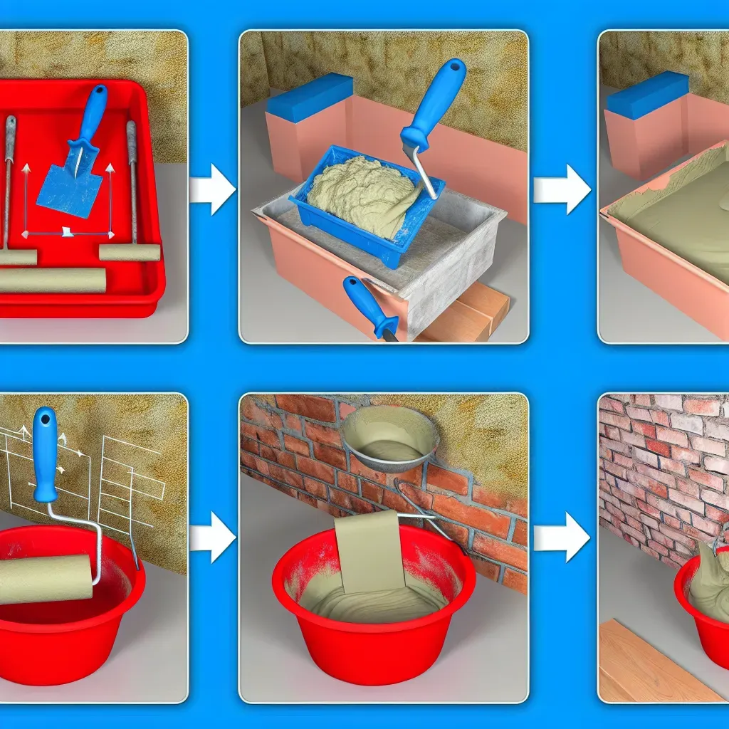 Belső vakolás szerszámai: kőműveskanál, vízmérték, simító és keverőszár