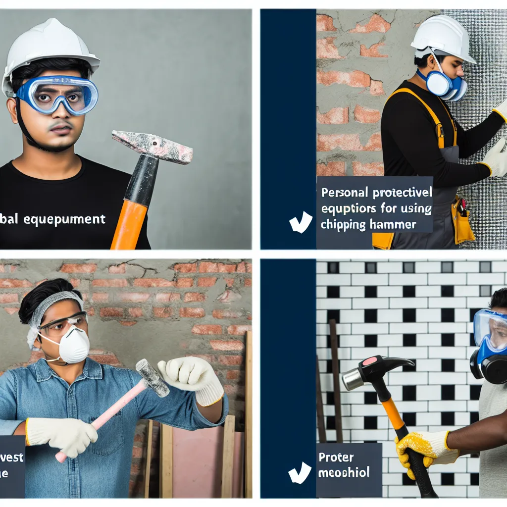 Vésőgéppel dolgozó szakember védőfelszerelésben csempebontás közben