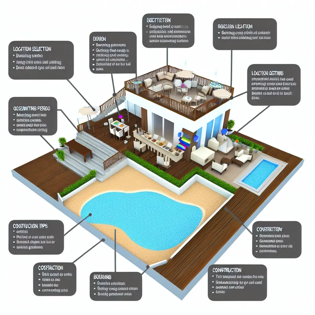 Egy gondosan megtervezett terasz bistro és beach bar látványterve, amely bemutatja az elrendezést és a főbb elemeket.