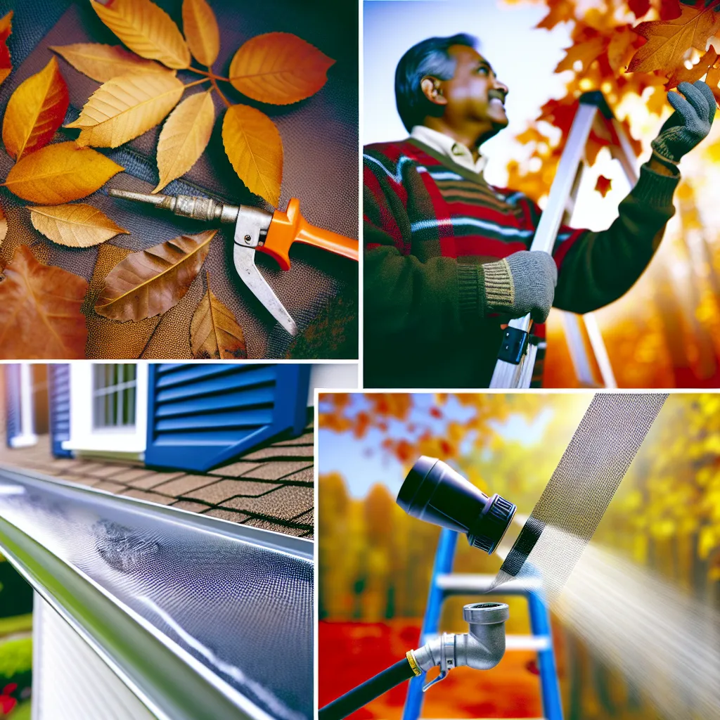 Férfi létrán állva tisztítja az ereszcsatornát az őszi levelektől