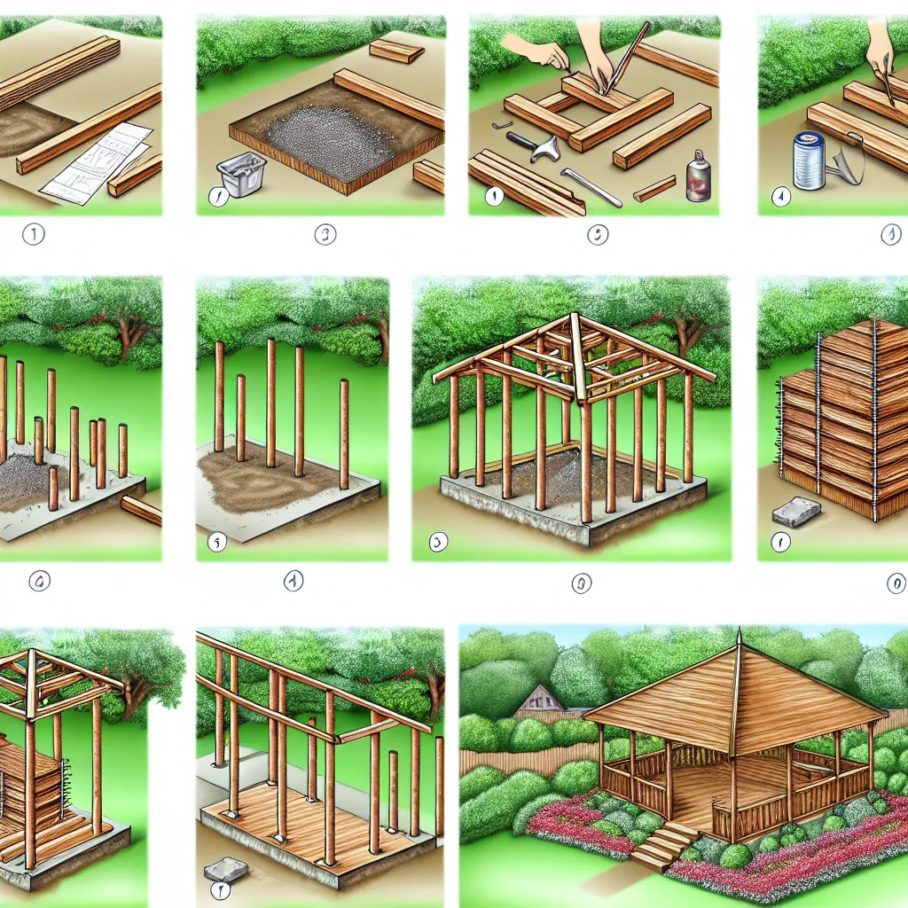 Gyönyörű saját építésű fa kerti pavilon zöld udvaron