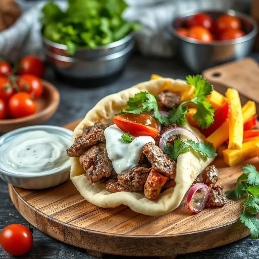 Gyros pác összetevői és pácolt hús előkészítve sütéshez