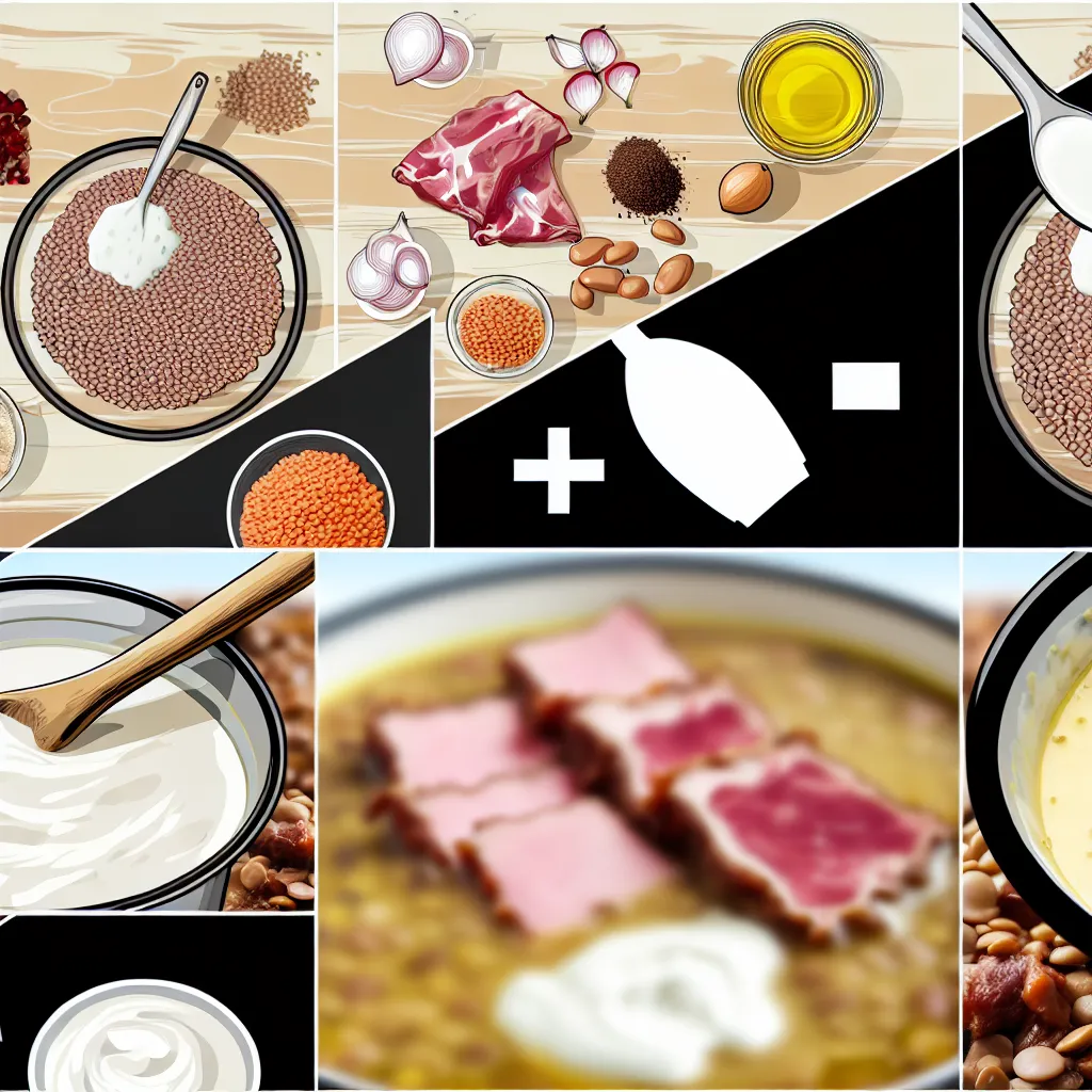 Hagyományos magyar lencsefőzelék füstölt hússal és tejföllel