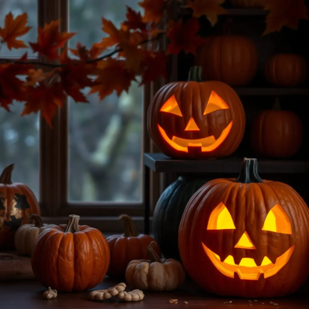Halloween tökfaragás eszközök és alapanyagok előkészítve az asztalon