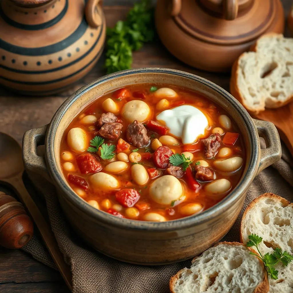 Jókai bableves alapanyagai: tarkabab, füstölt csülök, kolbász, zöldségek és pirospaprika