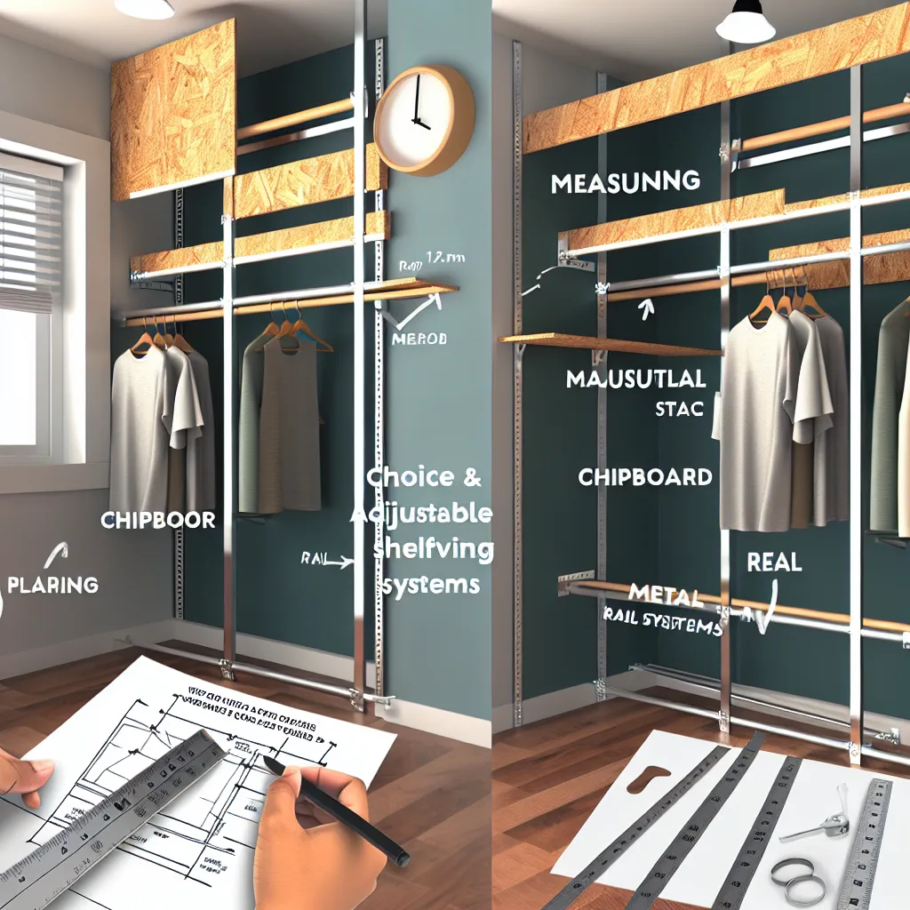 Kis méretű gardróbszoba átalakítás előtt és után, rendezett polcrendszerrel