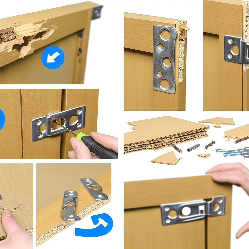 Kiszakadt bútorpánt és sérült bútorlap közeli képe