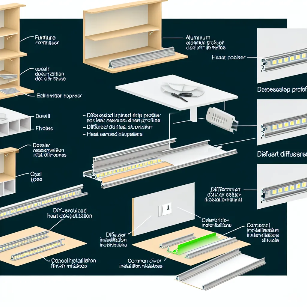 Különböző típusú alumínium LED profilok keresztmetszete és fedelek