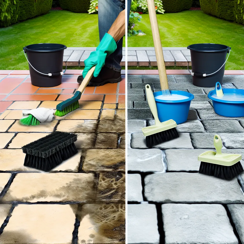 Térkőtisztításhoz szükséges eszközök: kefe, vödör, ecet, szódabikarbóna