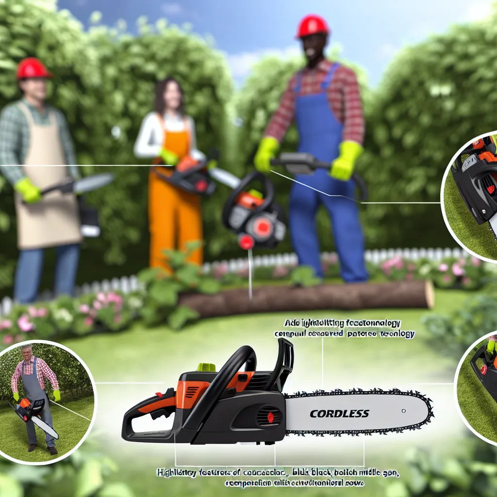 Modern akkus láncfűrész kerti környezetben, fűrészporral a vágás után