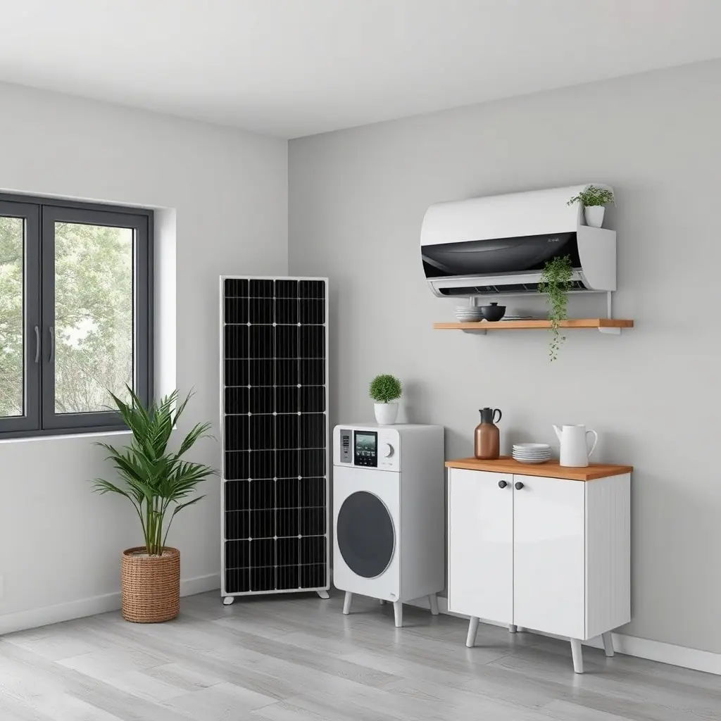 Modern elektromos fűtő egy skandináv stílusú nappaliban, ablak mellett elhelyezve