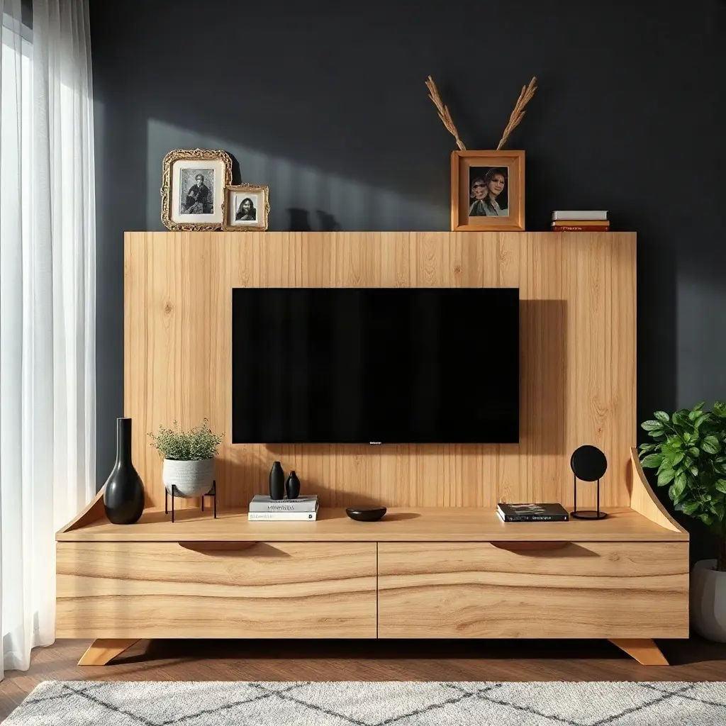Modern nappali gipszkarton TV fal LED hátvilágítással és lebegő polcokkal