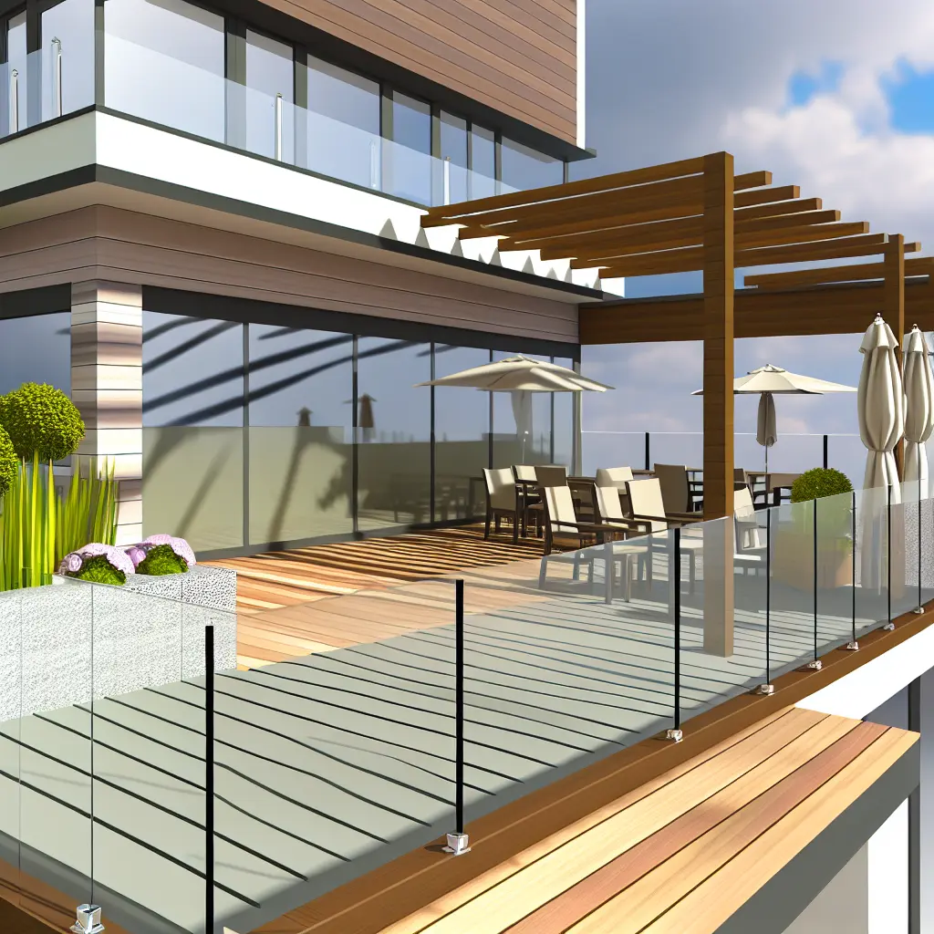 Modern panoráma terasz üvegkorláttal és kényelmes bútorokkal