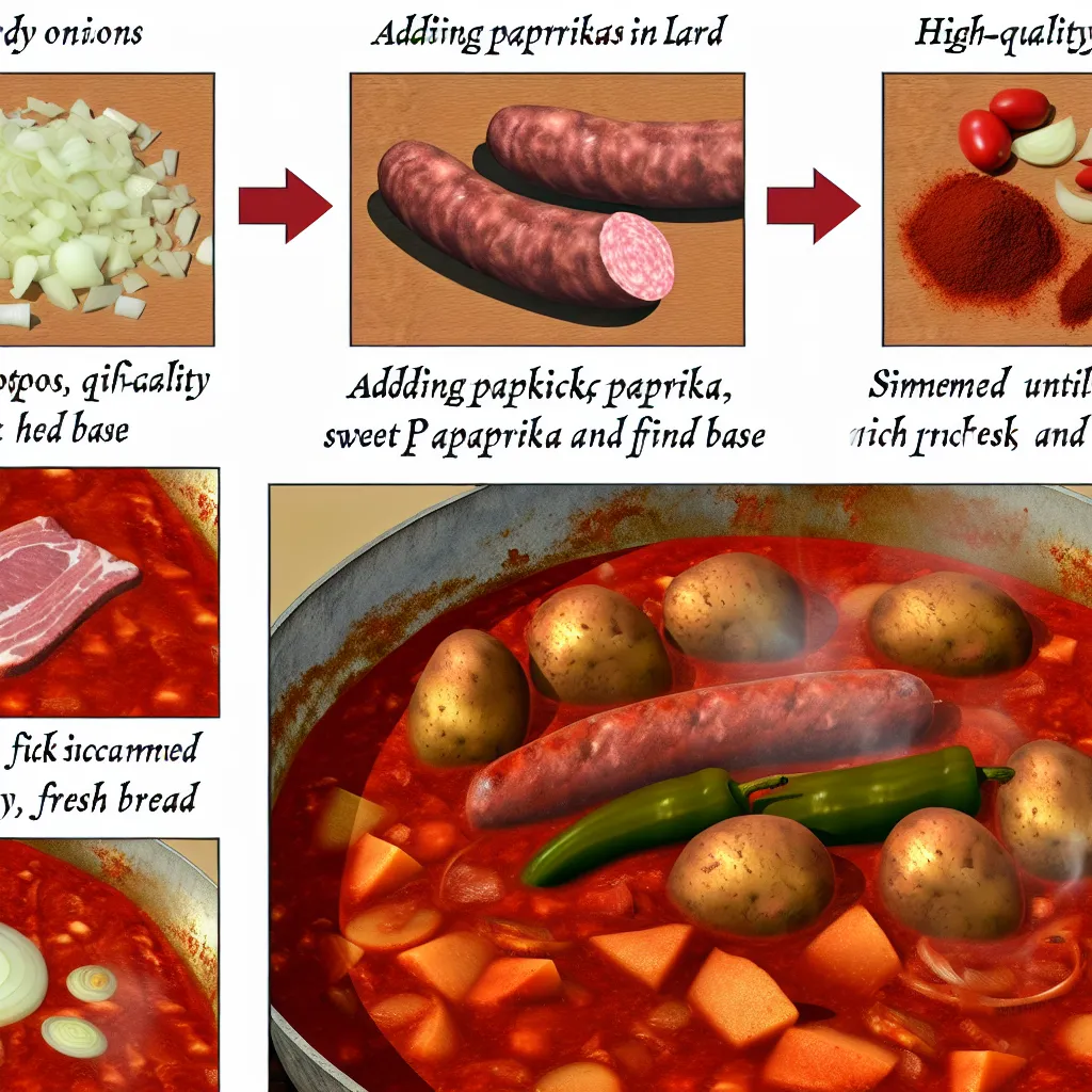 Nyers alapanyagok a hagyományos magyar paprikás krumpli elkészítéséhez: burgonya, hagyma, kolbász és fűszerpaprika.