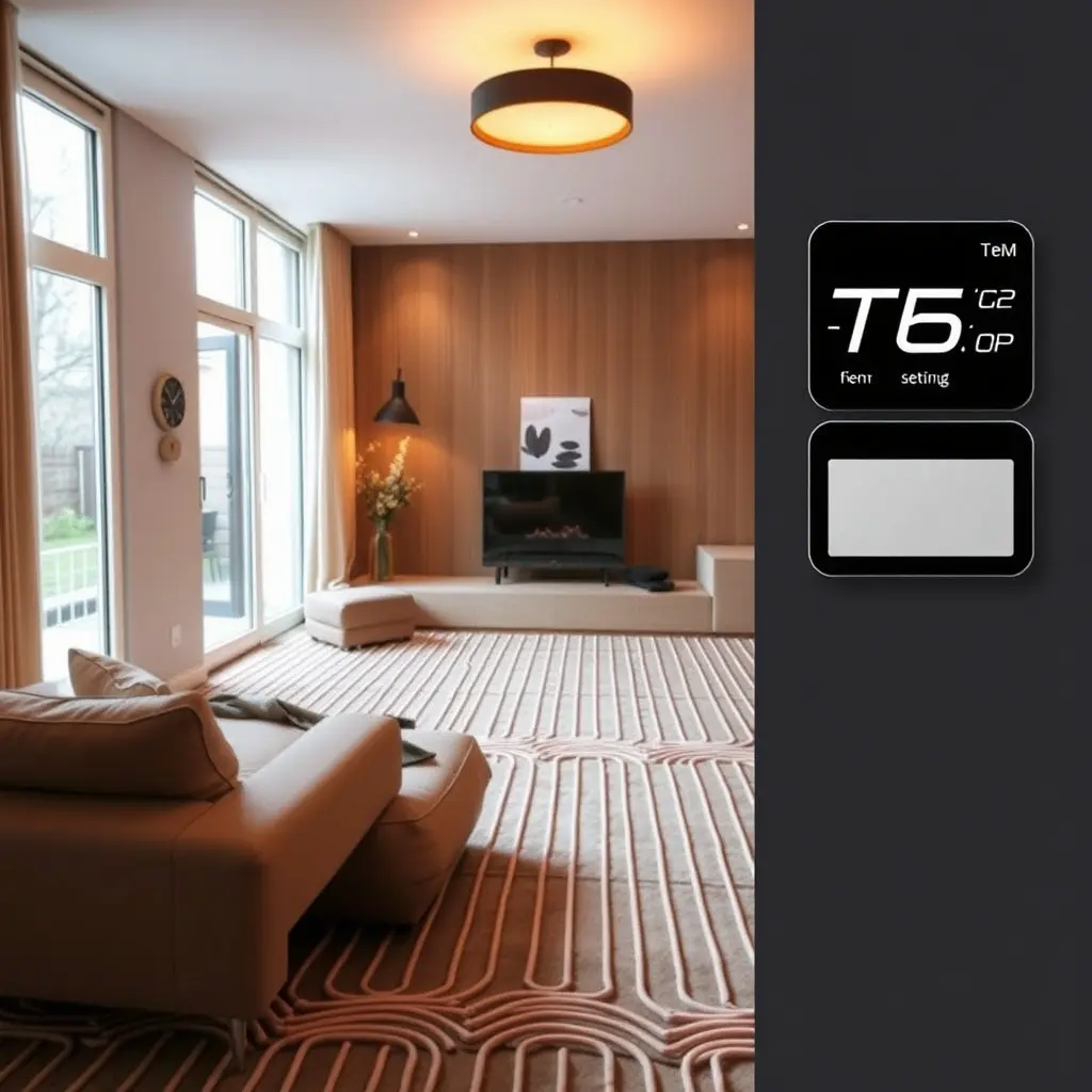 Padlófűtés hőmérséklet beállítása okos termosztáttal modern nappaliban
