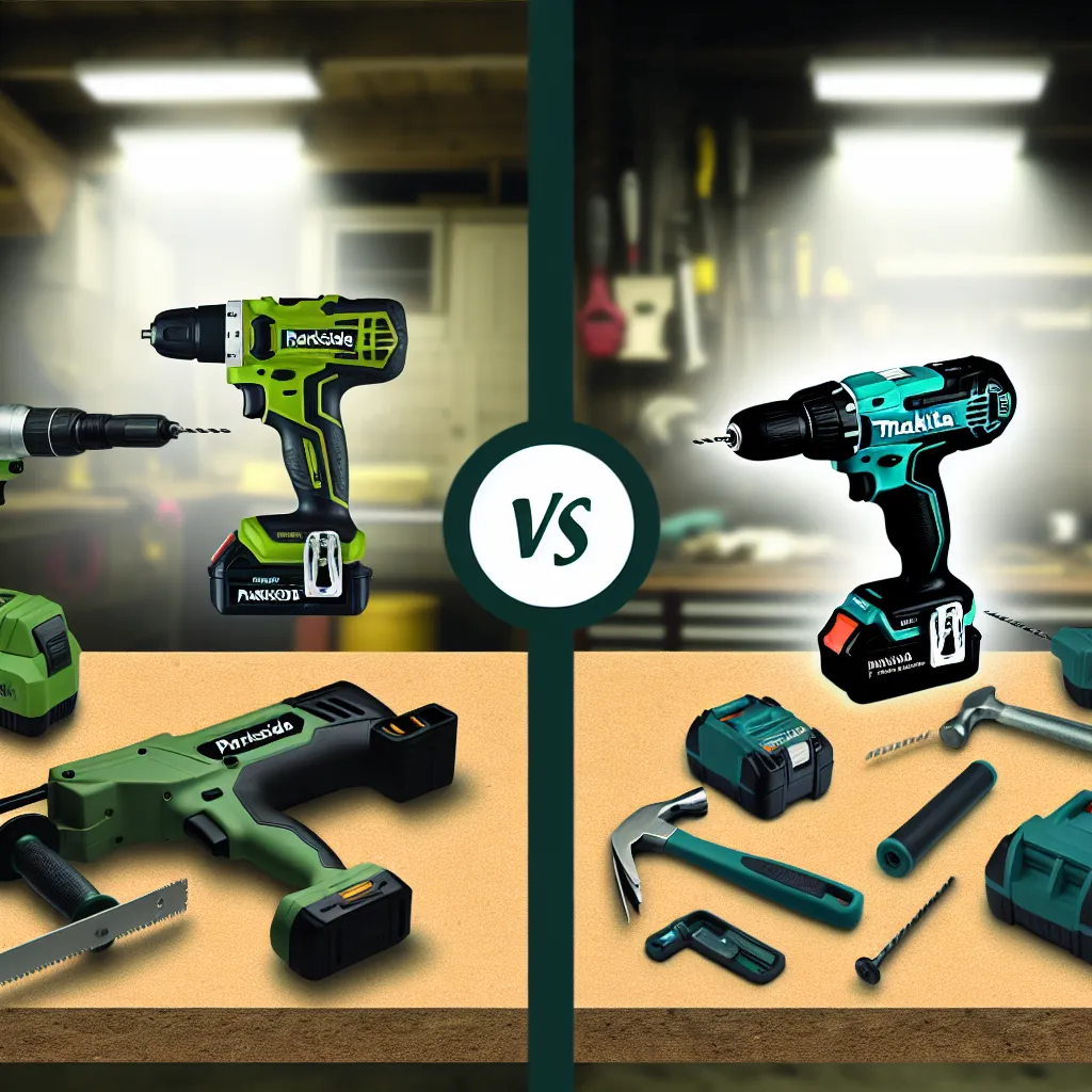 Parkside és Makita akkus fúrócsavarozók egymás mellett a munkapadon
