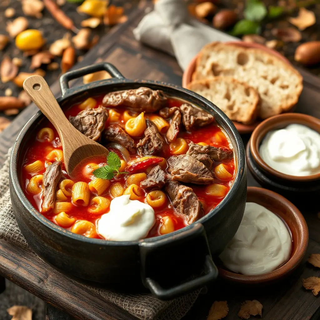 Pásztortarhonya hozzávalói: tarhonya, birkahús, szalonna, paprika és hagyma