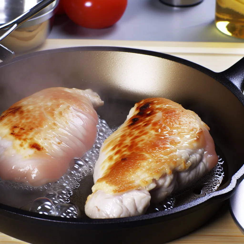 Szaftos csirkemell sütése öntöttvas serpenyőben, fokhagymás vajas locsolgatással
