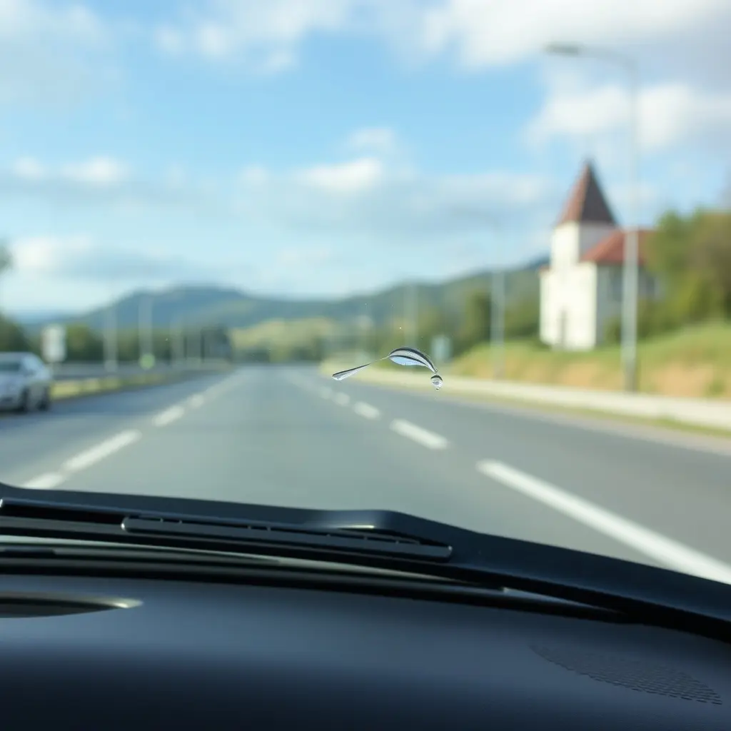 Szélvédő kőfelcsapódás okozta csillagos törés közelről