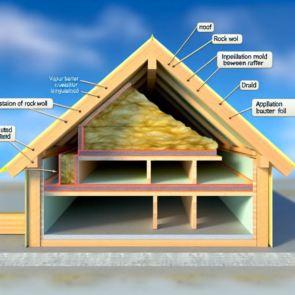 Tetőtér szigetelés rétegrend ábra: cserép, légrés, fólia, szigetelés, gipszkarton