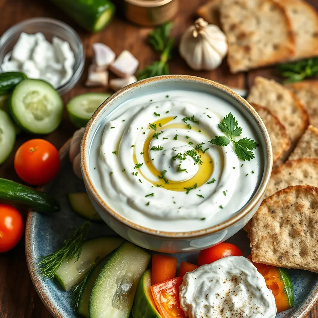 Tzatziki alapanyagok: görög joghurt, uborka, fokhagyma, kapor és olívaolaj