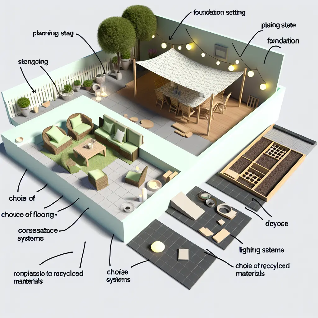 Vázlatrajz egy botellón terasz elrendezéséről bútorokkal és növényekkel, kiemelve a tervezési fázist.